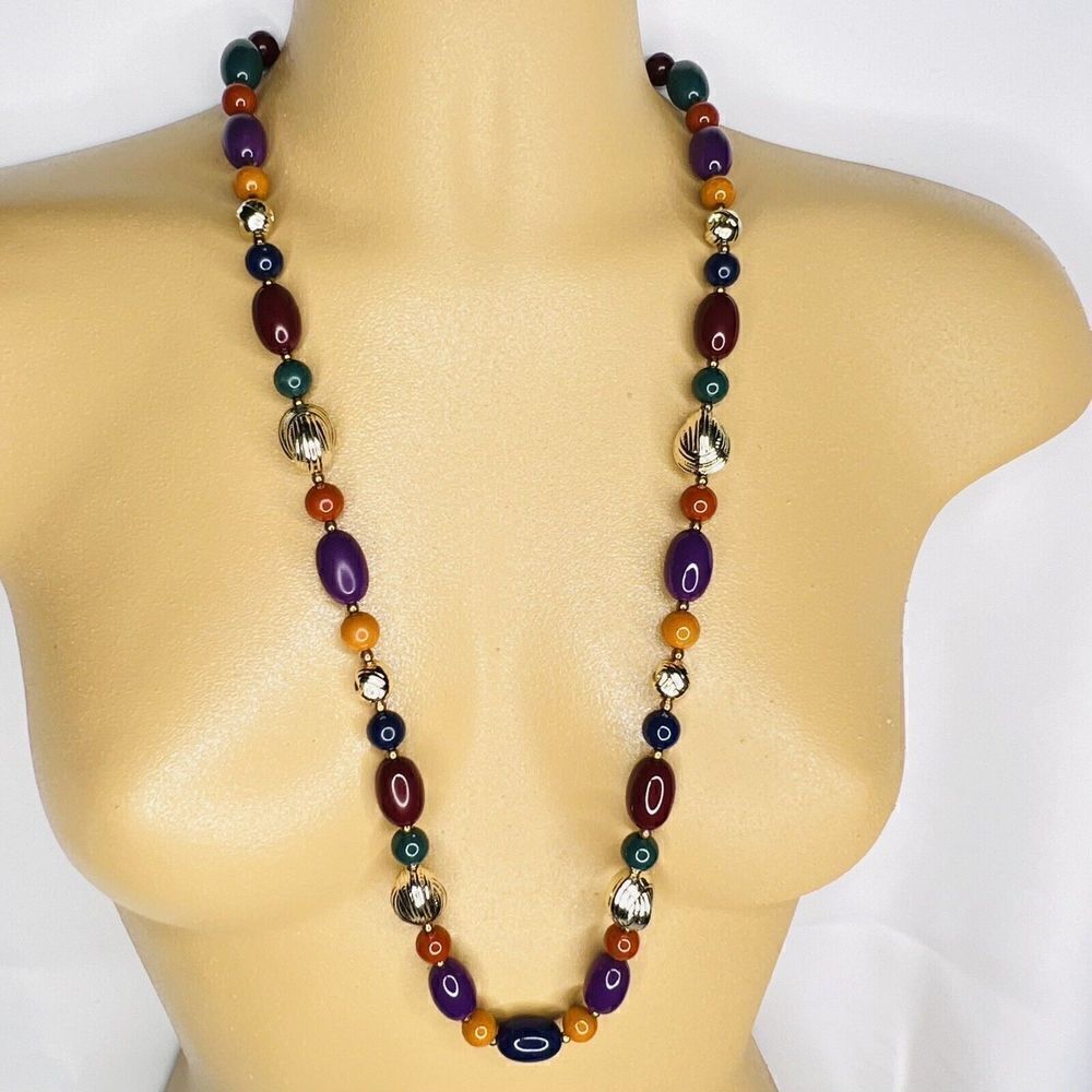 Vintage Lucite Necklace Green Plum Orange Yellow Beads Beaded Multi Color 4421